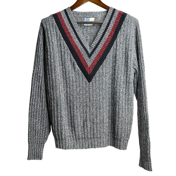 Vintage 50s Pilgrim Sportswear Men's Medium Sweater V Neck Lambswool Gray Sears - Picture 1 of 10